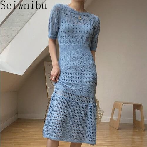 Women Hollow Out Knitted Dress Summer Short Sleeve Sweater Long Chic Dress Bodycon Mermaid Dress + Suspender dress two piece