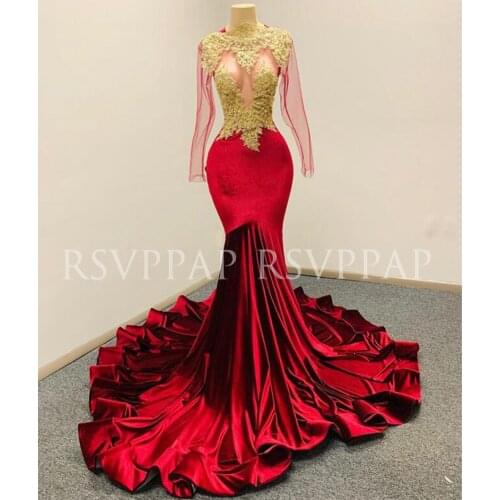 African Black Girl Long Prom Dress 2021 Sexy See Through Top Beaded Gold Appliques Red Mermaid Prom Dresses