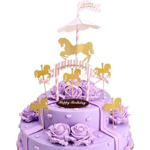 1pcs Carousel Cupcake Cake Topper Cute Horse Cake Flag Baby Shower Kids Children Happy Birthday Party Baking Decoration Supplies