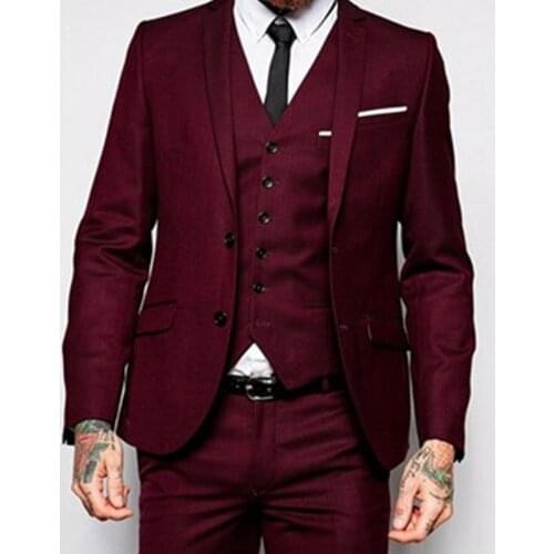2021 Tailor Made Fashion Luxury Claret Lapel Oversize Men Suits Slim Fit For Wedding Dress Beach Party Sets (Jacket+Pants+Vest)