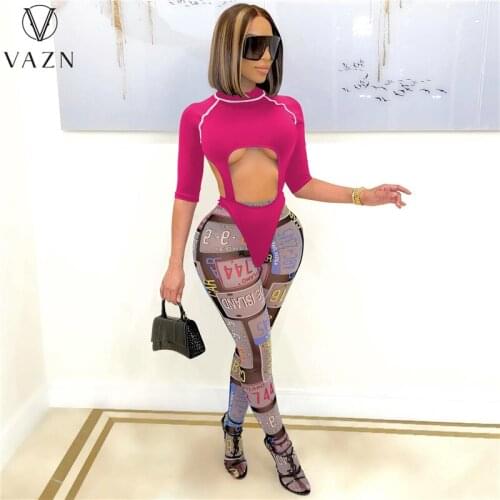VAZN 2021 fashion hot sale women sexy club party style half sleeve round neck jumpsuits long pants printed two piece sets