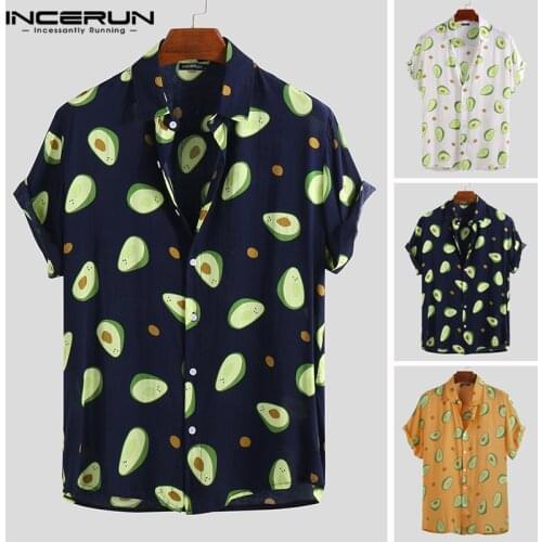 INCERUN 2021 Fashion Avocado Print Hawaiian Shirt Men Short Sleeve Lapel Neck Summer Vacation Beach Shirt Men Camisa Streetwear