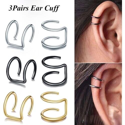 3Pairs Stainless Steel Ear Cuff Clip On Wrap Earring Fake Piercing Cartilage Tragus for Body Jewelry 16G Double Hoop Ear Clip