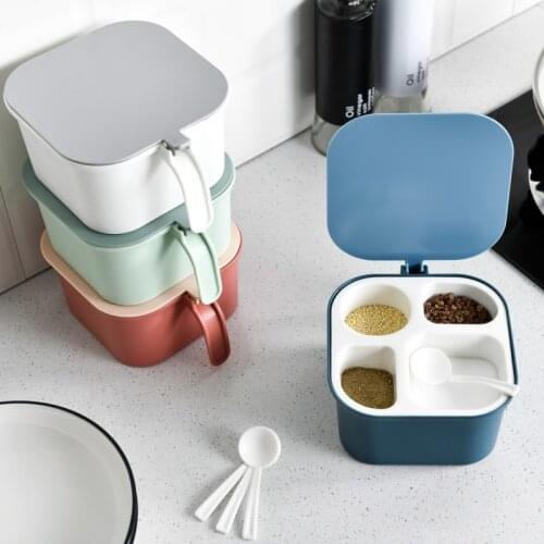 4 IN 1 Plastic Spice Jar Set Salt Container Removable Kitchen Seasoning Storage Box With Cover And Free Spoons Kitchen Tools