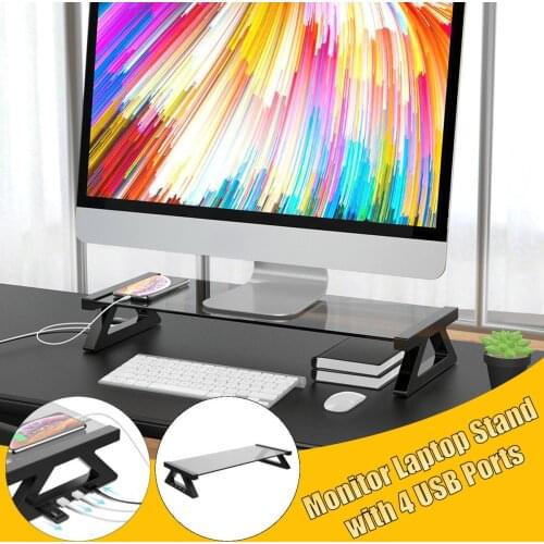Aluminum Alloy PC Monitor Laptop Stand Tablet PC Stand 4 USB Ports Multi-function Tempered Glass Portable Computer Desk