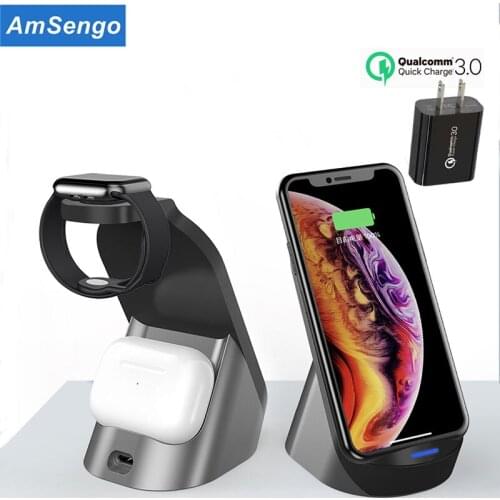 Amsengo 15W Fast Qi Wireless Charger Stand For iPhone 12 11 XS 3 in 1 Charging Dock Station for Apple Watch 6 SE 5 4 Airpods Pro