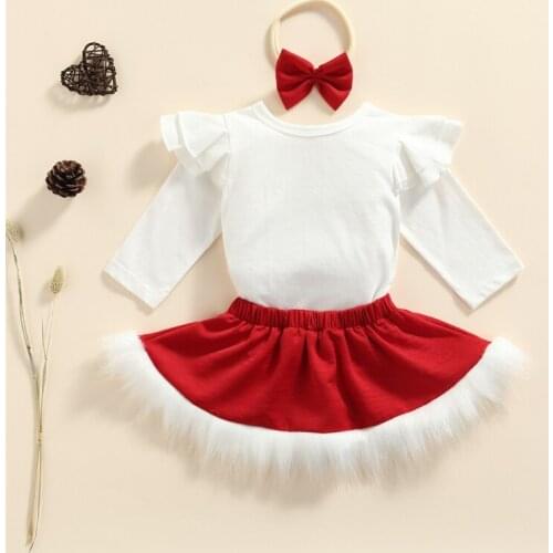 Baby Christmas Outfits Solid Color Long-Sleeve Romper + Fluffy Skirt + Headband 3 Piece Set for Toddler Girls 0-24 Months