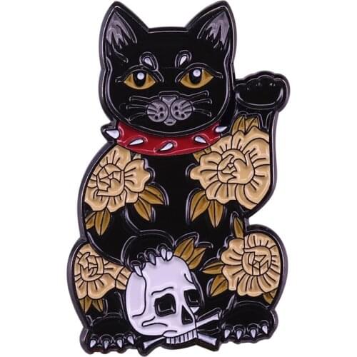 Lucky cat with skull and flowers enamel pin