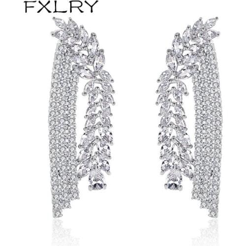 FXLRY Luxury White/Gun black Micro-inlay Cubic Zircon exaggerated long earrings for Women Dating Wedding