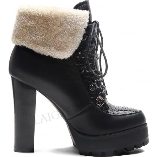 LAIGZEM Women Ankle Platform Boots Genuine LEATHER Warm Winter Chunky High Heels Booties Ladies Shoes Woman Big Size 38 39 42