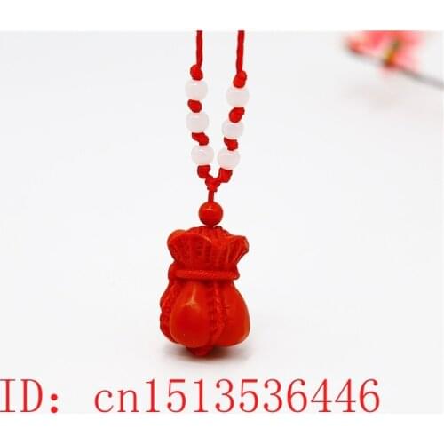 Fashion Red Organic Cinnabar Bag Pendant Necklace Chinese Natural Amulet Charm Jewellery Carved Woman Gifts Sweater Chain