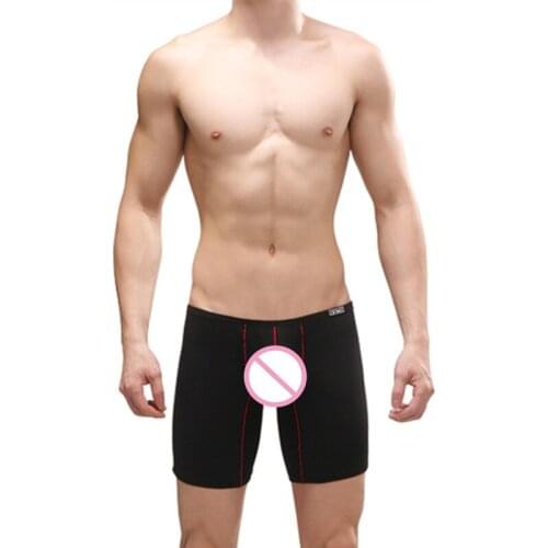 Mens Modal Swimwear Sexy Penis Sheath Bikini Trunks Long Leg Boxers Shorts Male Beach Sunbath Panties Underwear Exotic Lingerie