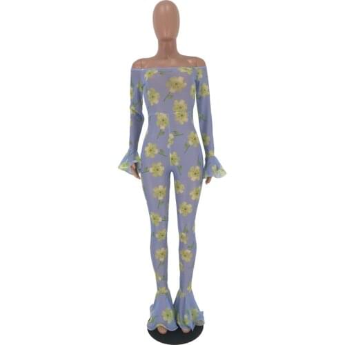 Long Sleeve Bodycon Jumpsuit Sexy Fashion Print Off Shoulder Backless Rompers Womens Jumpsuit Summer One Piece Outfits