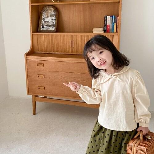 Girl Clothes 2021 Spring New Children Korean Fashion Solid Color Long Sleeve Bow Collar Top