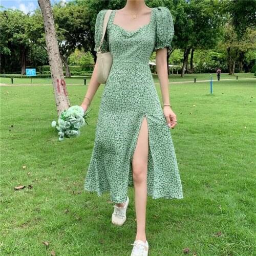 Summer Floral Dress Style Elegant Boho Print Slit Maxi DressSplit Fairy Dress V-Neck Puff Sleeves High Waist Long Dress Vacation