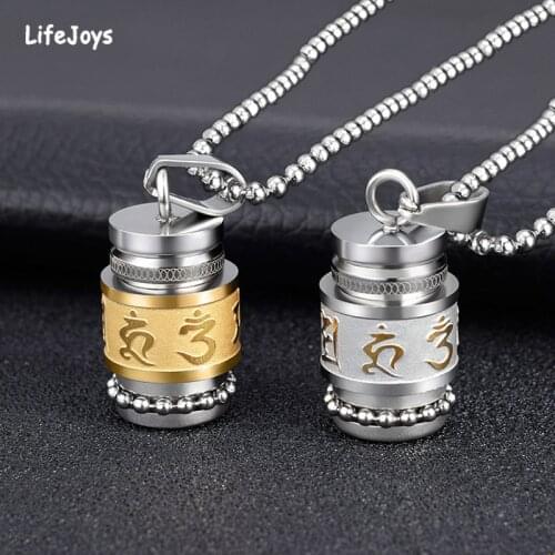 Stainless Steel Om Mani Padme Hum Pendant Buddhism Amulet Wheel Bottle Necklace Rotatable Memorial Urn Jewelry Openable Storage