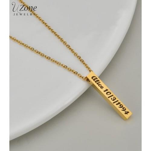 Custom Engrave Name ID BirthDate Stainless Steel Necklaces Square Bar Pendant Necklace for Women Men Personalized Birthday Gifts