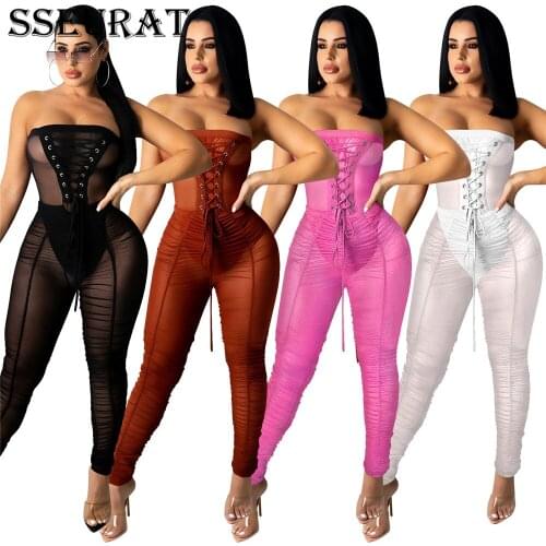 SSEURAT Mesh See Though Lace Up Strapless Jumpsuit Sexy Night Club Party Stacked Ruched Romper One Piece Overall Outfits 2021