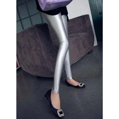 Sexy Charming High Elastic PU Casual Legging Women Faux Leather Pencil Pant Mid Waist Bodycon Solid Capris Shiny Streetwear Pant