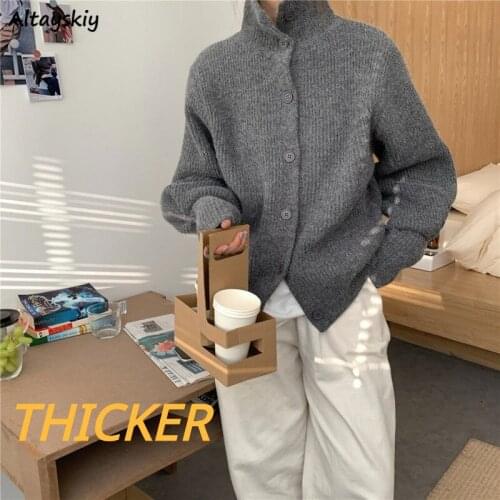 Solid Sweater Women Single Breasted Korean Thicker Elegant All-match Knitwear Loose Spring Autumn Female Cardigan Chic Popular