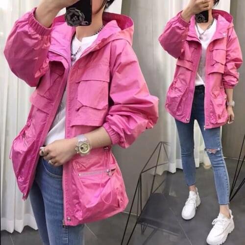 Hooded windbreaker coat women new European goods white 2020 spring autumn hooded drawstring waist windbreaker jacket mid-length