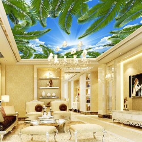Wellyu Custom Wallpaper 3d обои Ultra Sunlight Blue Sky White Cloud Coconut Tree Sky bedroom Ceiling Zenith Painting wall paper