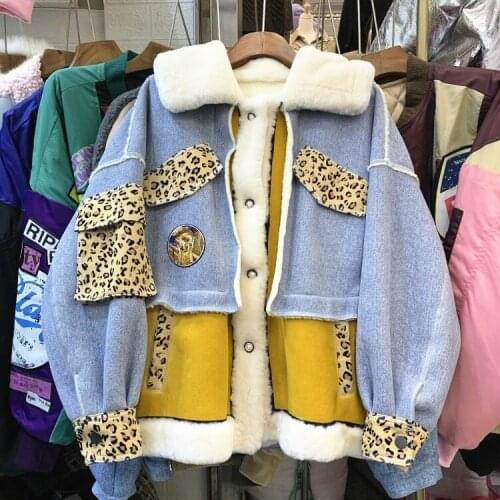 Winter Jacket Women Korean Style New Color Contrast Patchwork Leopard Print Embroidery Loose Faux Fur Coat Loose