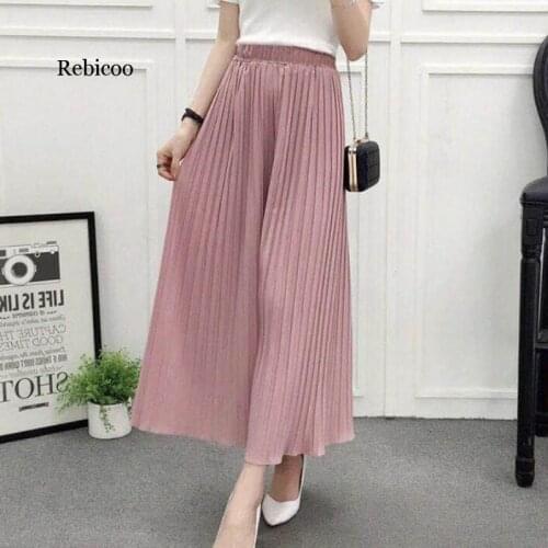 Rebicoo Women High Waist Pleated Chiffon Wide Leg Pants Summer Loose Flared Elegant Black Elastic Casual Solid Trousers gray