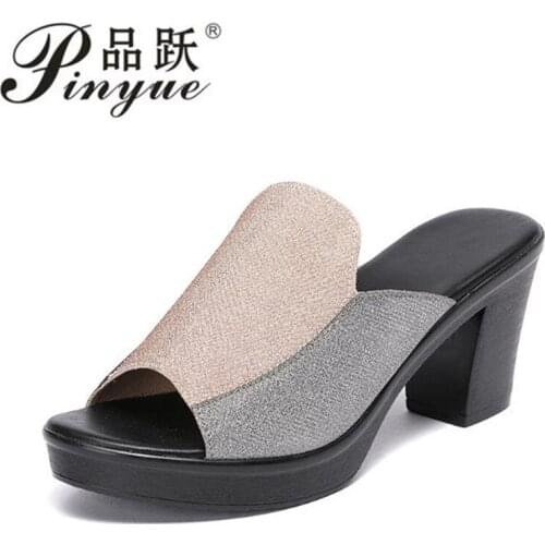 Women Slippers Ladies Summer Slippers Genuine Leather Shoes Women High Heels Fashion Rhinestone Summer Shoes