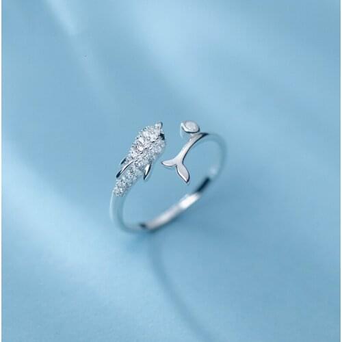 925 Sterling Silver Zircon Dolphin Ring For Women Adjustable Fine Jewelry Female Animal Lovely Cute Gift Girl On Finger