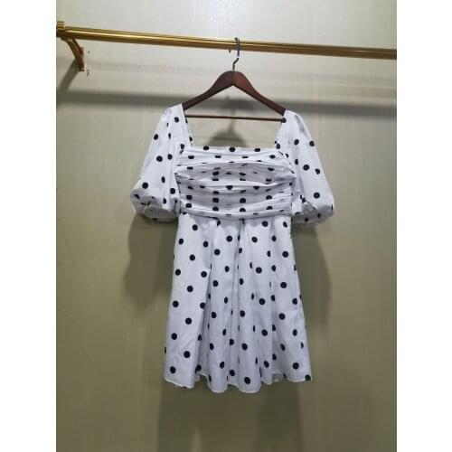 Women Dress 2021 New Square Neck Retro Black and White Polka-dot Bubble Sleeve Pleated Dress