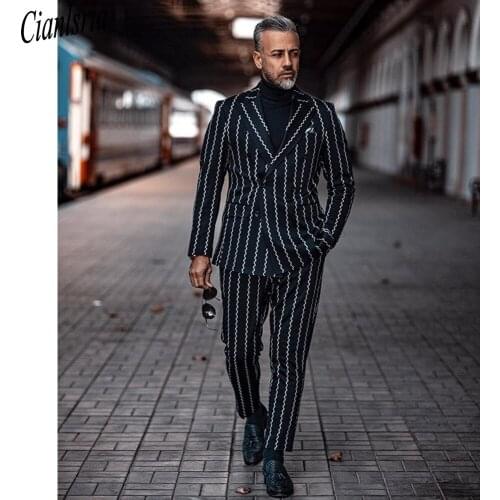 2021 Striped Peaked Lapel Wedding Suits Evening Party Prom Custom Made Slim Fit Casual 2 Pieces Best Man Tuxedos