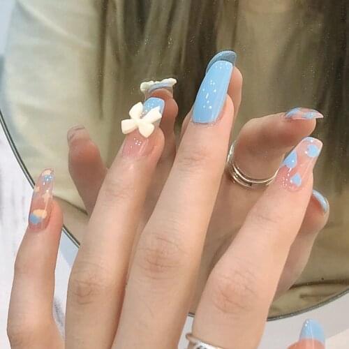 24pcs Blue Bow Nail Patch Love Heart Printed Glue Type Removable Long Paragraph Fashion Manicure False Nail Patch DL