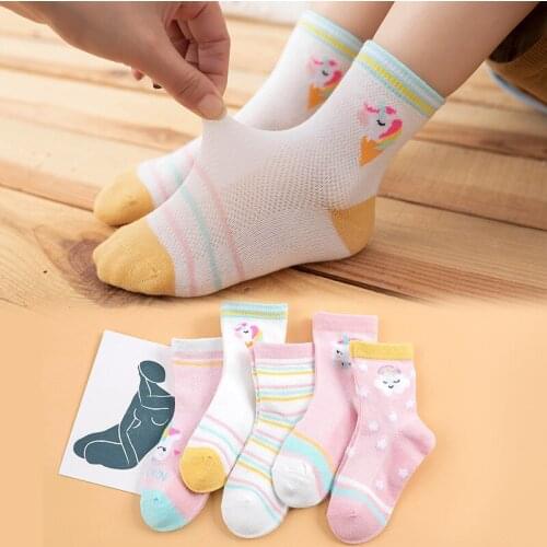5 Pairs Summer Children Socks Baby Girl Cartoon Breathable Cotton Mesh Socks Toddler Boy Kids Sport Socks for 1-12 Years Teens