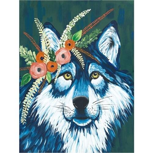 Diamond Full Round Diamond Painting Embroidery "Animals Wearing Garlands" Cross Stitch Cartoon Room Decor-Wolf