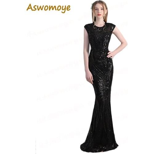 Aswomoye 2018 New Stylish Elegant Mermaid Long Evening Dress Beaded Party Dresses Shinning Sequin Prom Dress robe de soiree