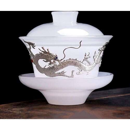Silver Dragon Tea Tureen 150ml White Jade Porcelain Glaze Tea Bowl Master Cup Creative Gaiwan Container Teaware Collection Gift