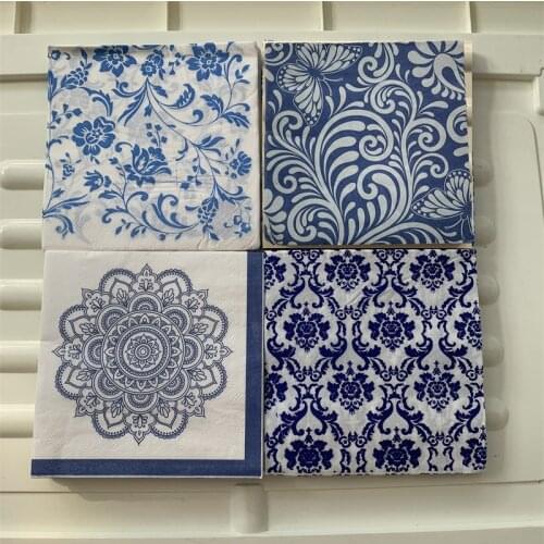 Decoupage Vintage Napkin paper wedding birthday party elegant tissue blue flower pattern handkerchief beautiful table decor 20