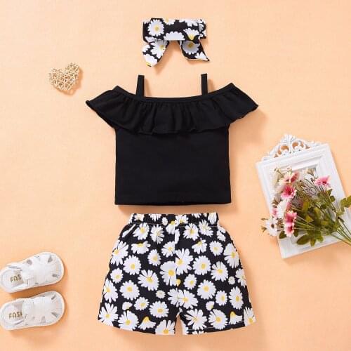 3 Pcs Toddler Summer Outfits Baby Girl Off shoulder Solid Color Ruffle Tank Top + Daisy Print Bowknot Shorts + Headband