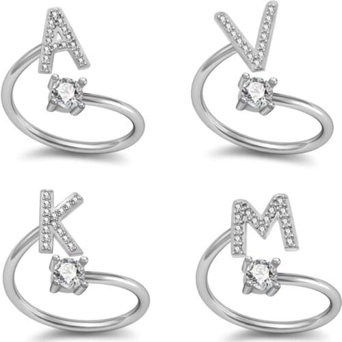 Tiny Trendy Zirconia Silver plating Alphabet A-z Letter Rings High Quality Crystal Adjustable Rings For Women And Girls Jewelry