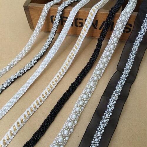 1 Yard Beaded Lace Ribbon Pearl Trims Fabric Clothes Collar Decoration Lace For Jewelry Headpiece DIY Dress Belt Sewing
