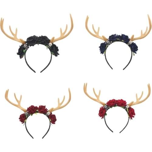 L5YA Deer Horn Headbands Gothic Floral Skull Headwear Halloween Carnival Hair Props