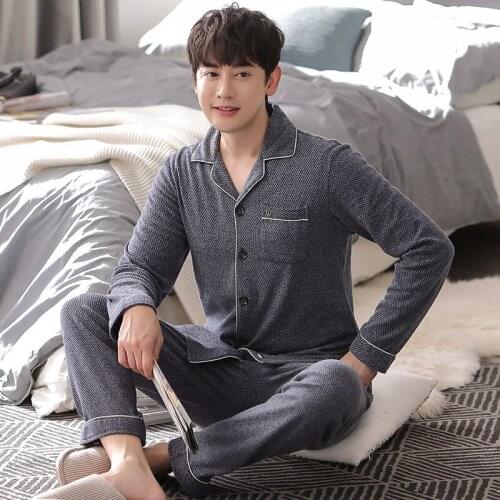 Male Autumn Winter Plus Size Pajamas Suits 2PCs 100% Cotton Breathe Freely Spring Comfortable Homewear Leisure And Noble Style