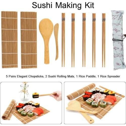 15Pcs/Set Bamboo Sushi Making Kit Includes 2 Sushi Rolling Mats 1 Towl 1 Rice Paddle 1 Rice Spreader 5 Pairs Chopsticks