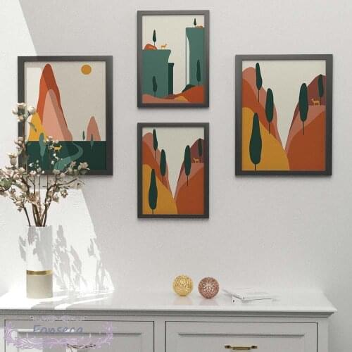 Nordic Mountain Forest Tree Deer Canvas Painting Minimalist Abstract Landscape Poster Living Room Office Wall Art Home Decor