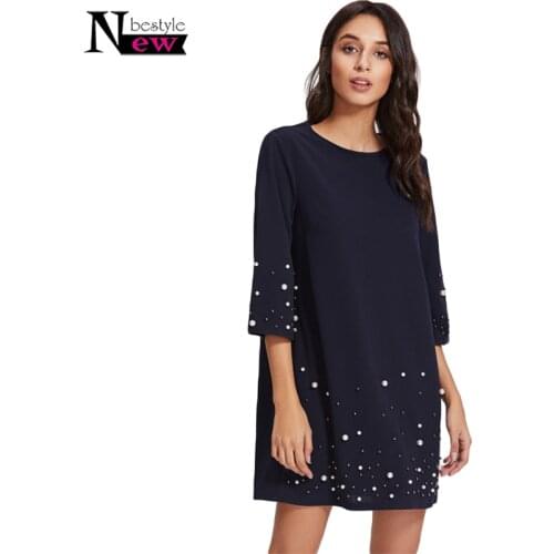 Newbestyle Women Pearl Beading Tunic Dress 2019 Fashion Womens Straight Dress Navy Blue Three Quarter Length Sleeve Short Dress