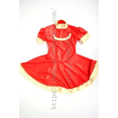 Novelty red uniform latex maid dress womens erotic latex dress with apron and back hidden zipper
