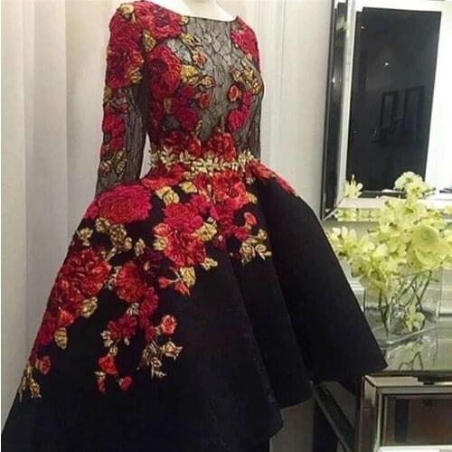 Charming Black Embroidery Lace Long Sleeve Prom Dresses 2019 Top Quality Applique Satin Hi Lo Sheer Custom Made Evening Dress
