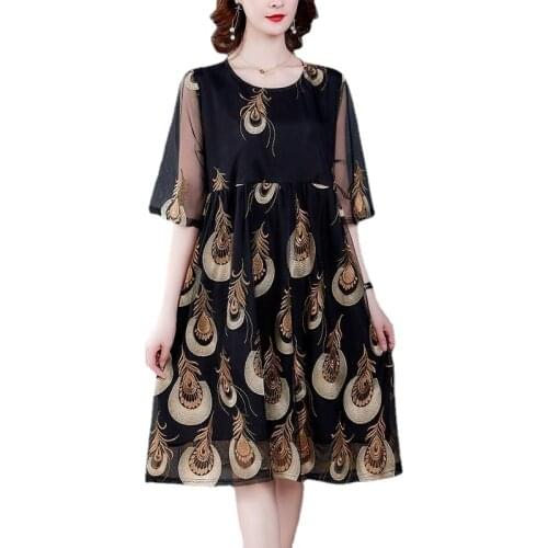 2020 New Summer Middle Aaged Women Mother Fashion Midi Dress Female Embroidery Causal Plus Size 4xl Dresses Vestitos W189