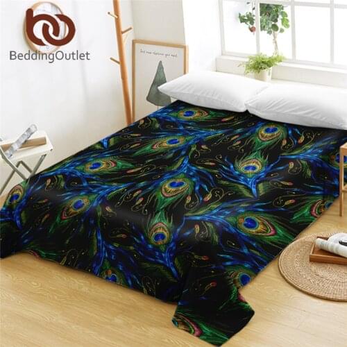 BeddingOutlet Peacock Feather Bed Sheet Cute Twin Flat Sheet Aztec Bedspreads Blue Green Tribal Drap De Lit 213cmx244cm Dropship